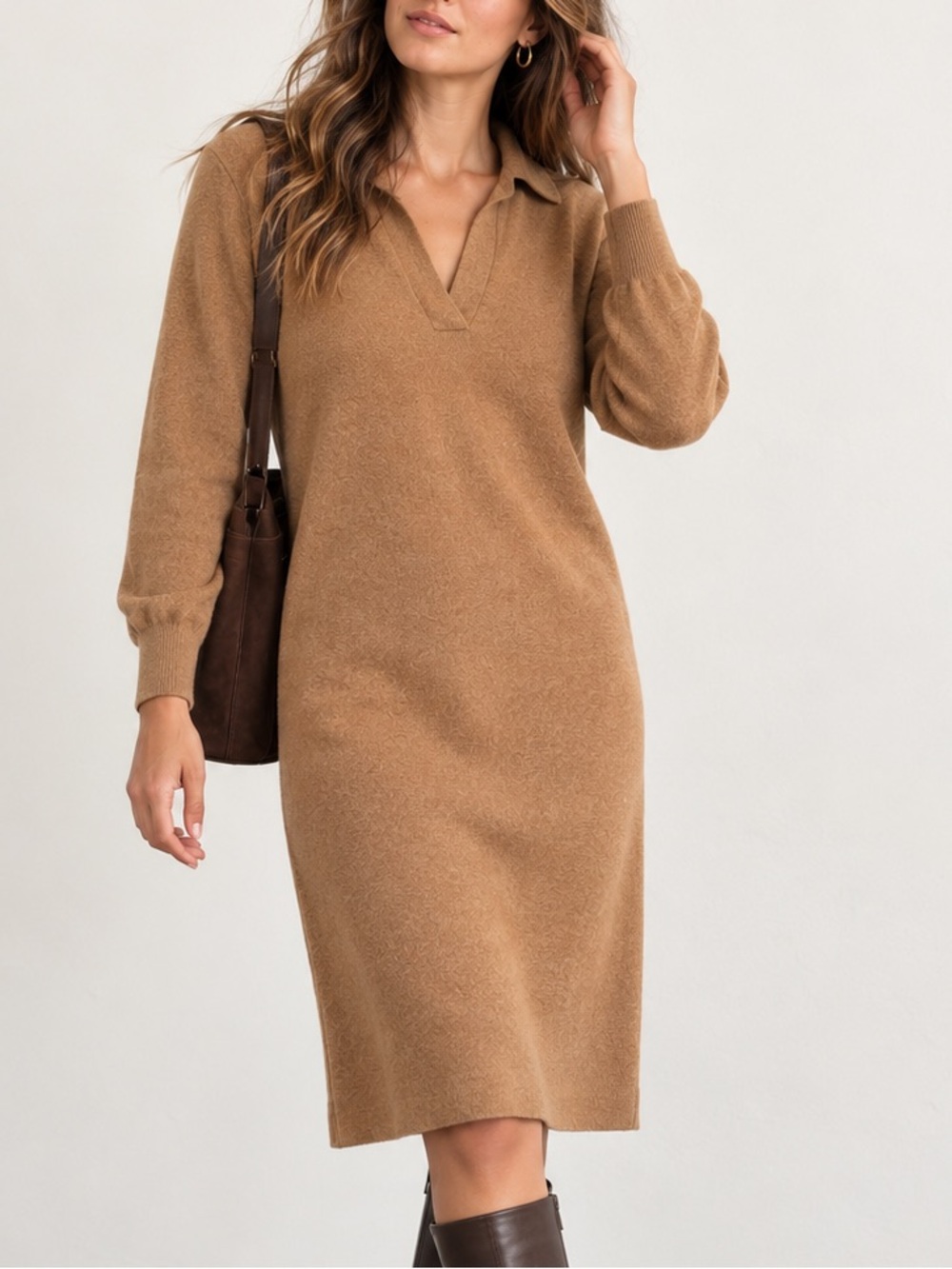 BABATON Merino Wool Polo Sweater Dress Quiet Luxury Minimalist Camel